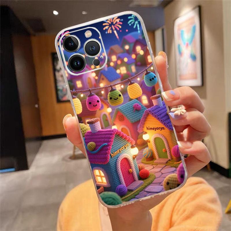 Phone Case For Iphone 17 16 Pro Max 15 14 13 Pro Max 17 Air 15 16 Pro 15Plus Cozy Crochet Winter Village Art