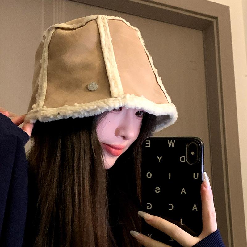 Suede Bucket Hat Ladies Autumn and Winter Warm Fleece Ear Protector Bucket Hat Retro Casual Lamb Wool Basin Hat