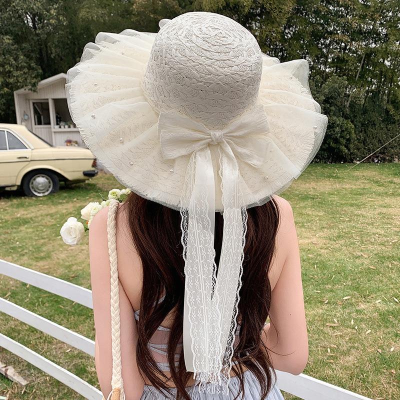 Summer Bow Sun Hat Female, Seaside Beach Vacation Sun Hat Outdoor Big Brim Sun Hat Sweet Straw Hat