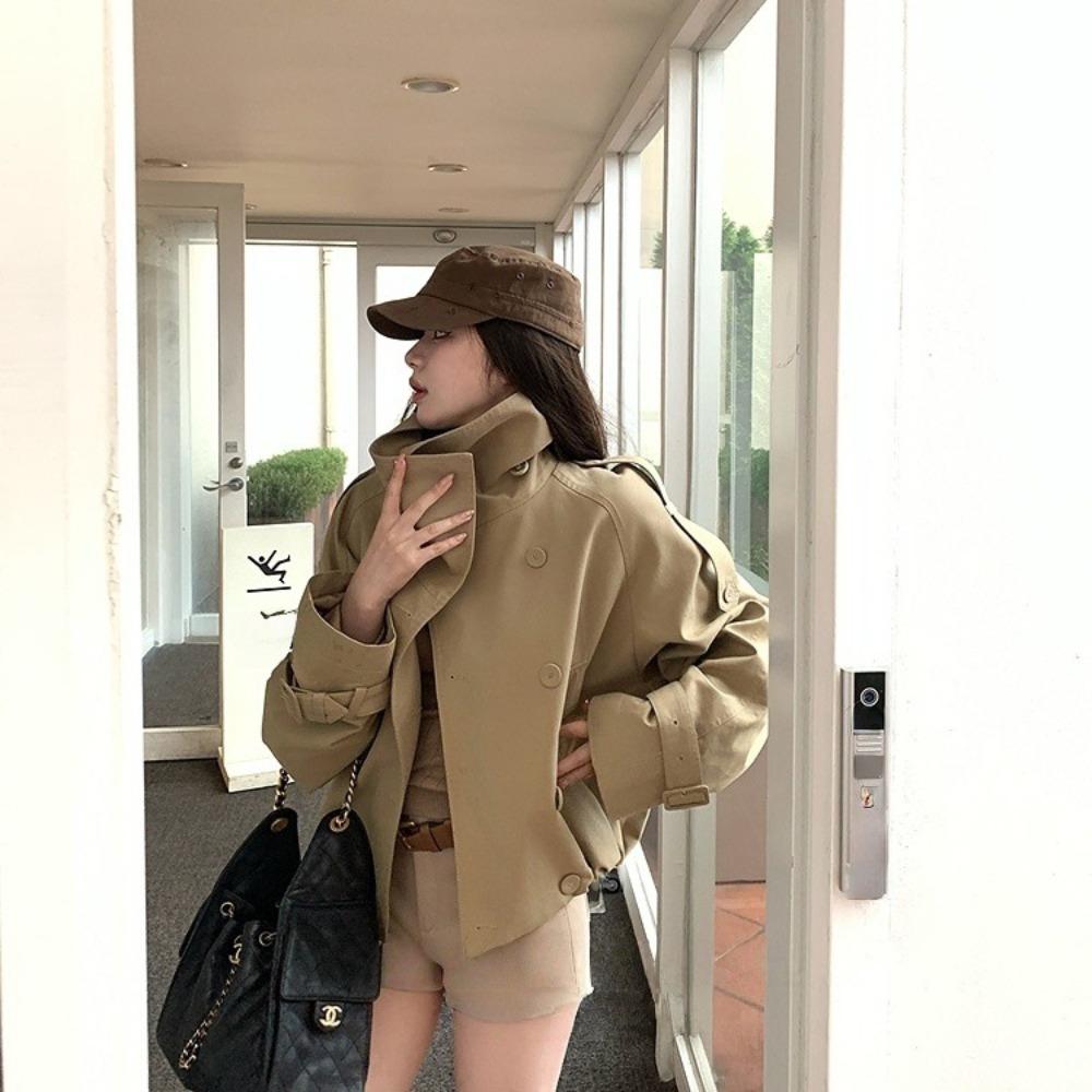 Женский короткий тренч цвета хаки с воротником-стойкой, новая весенне-осенняя высококачественная двубортная куртка в британском стиле S хаки