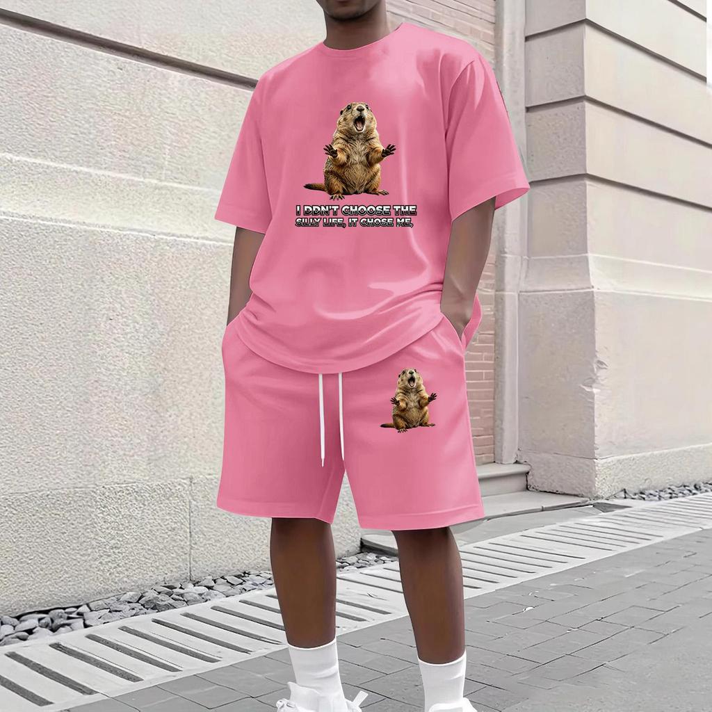 Men's Casual Two Piece Set Short Sleeve Crew Neck T Shirt and Shorts with Animal Print Loose Fit Summer Outfit Comfortable Daily Wear