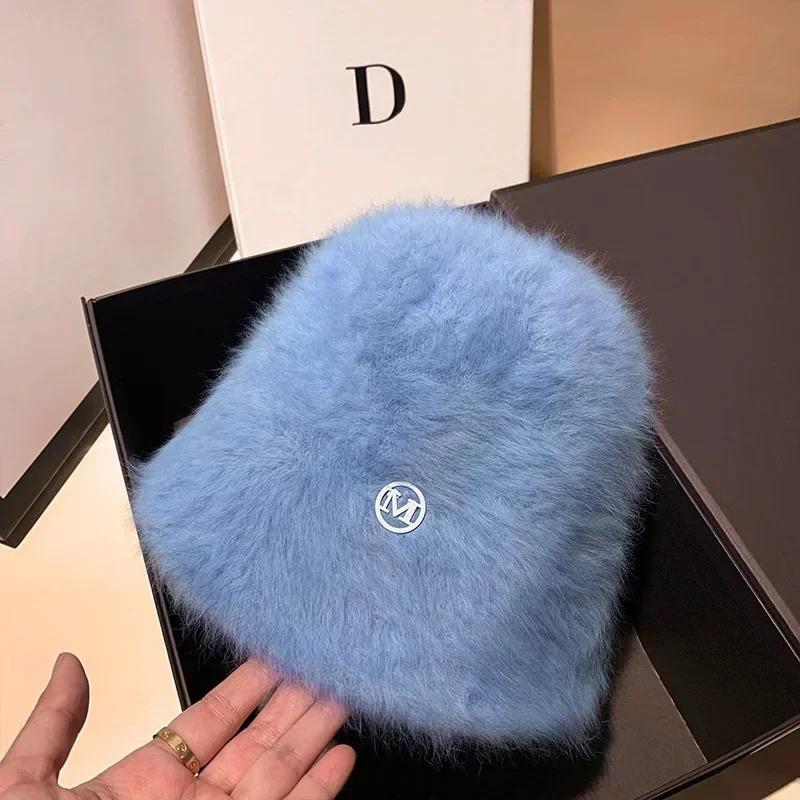 Luxury Warm Plush Rabbit Fur Winter Hat Designer M Bucket Hat Woman Lady Fashion Bob Hat Retro Fluffy Angola Female Hat Panama