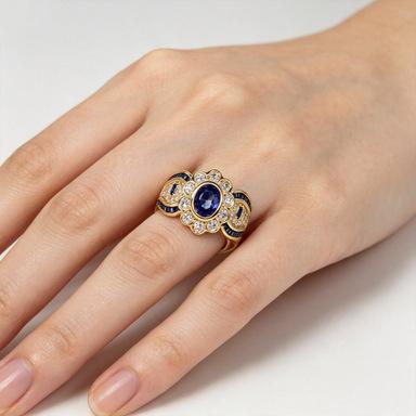 European and American style fashion niche jewelry women's inlaid blue zircon oval ring engraved pattern finger