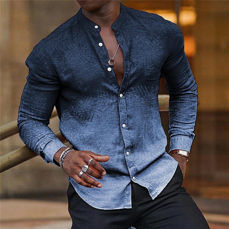 Spring and Autumn Gradient Men's Slim Casual Long Sleeve Stand Collar Turn-Up Shirt