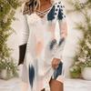 Women Abstract Printed Criss Cross V Neck Long Sleeve Fitted Curved Hem Dress