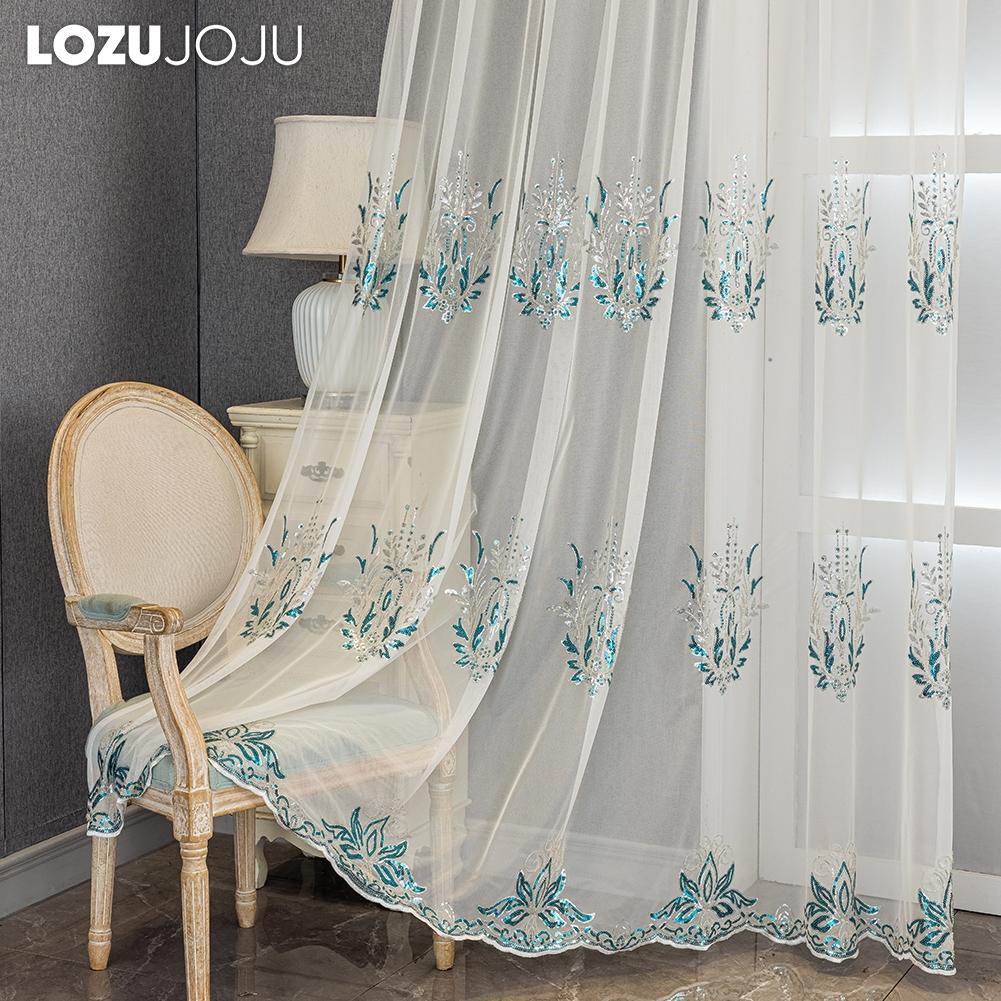 1PC European Transparent Luxury Handmade Pearl Embroidered Sheer Curtains for Living Room Bedroom Home Decor LOZUJOJU