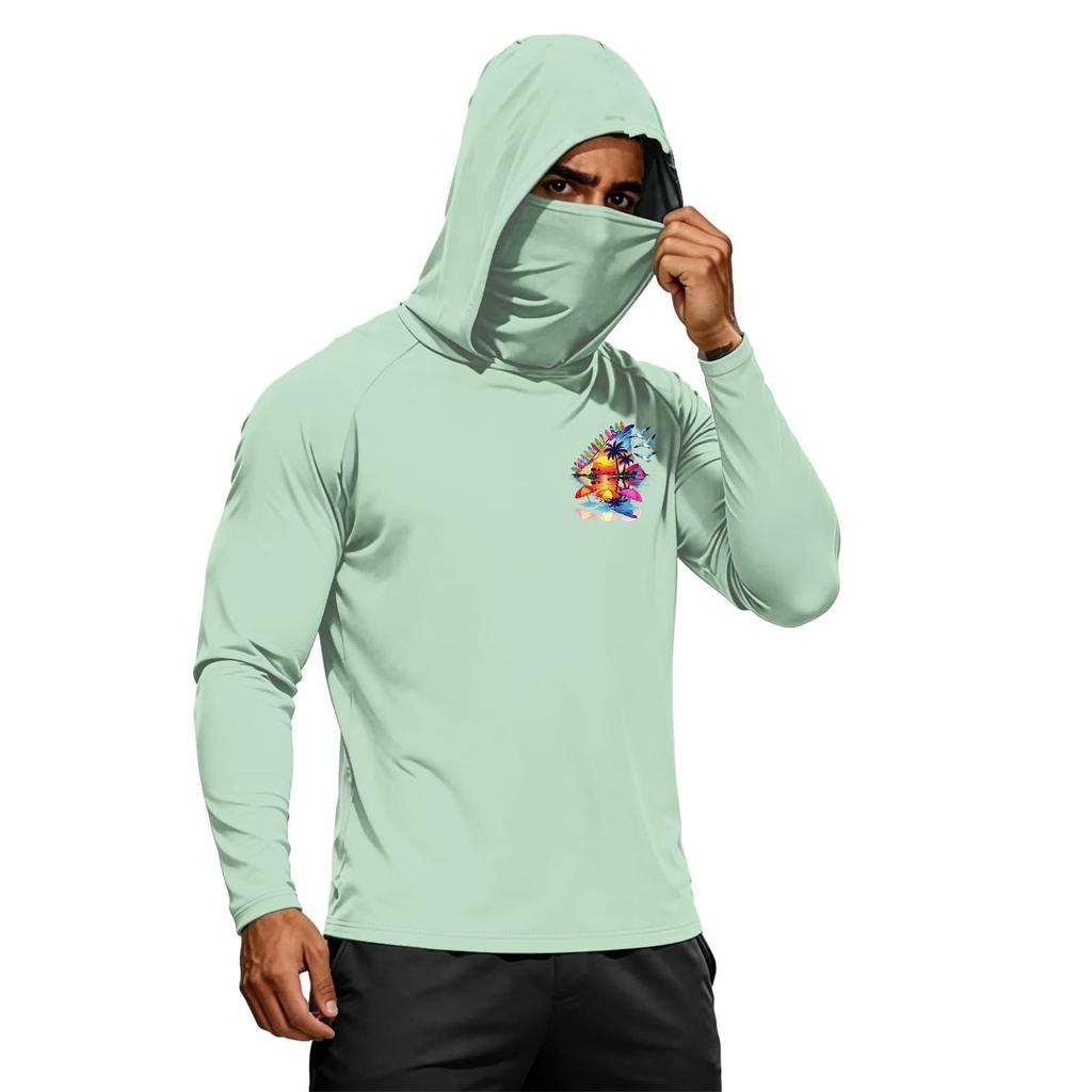 Men's Summer Hawaiian Print Quick Dry Long Sleeve T Shirt Ice Silk UPF50 Plus UV Protection Fitness Sports Hooded Sun Protection Top