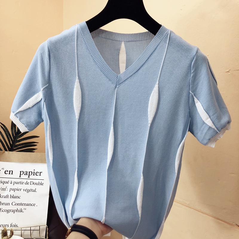 Women's Summer Breathable Plus Size V-neck Ice Silk Thin Knit Shirt Short-sleeved Bottoming Shirt