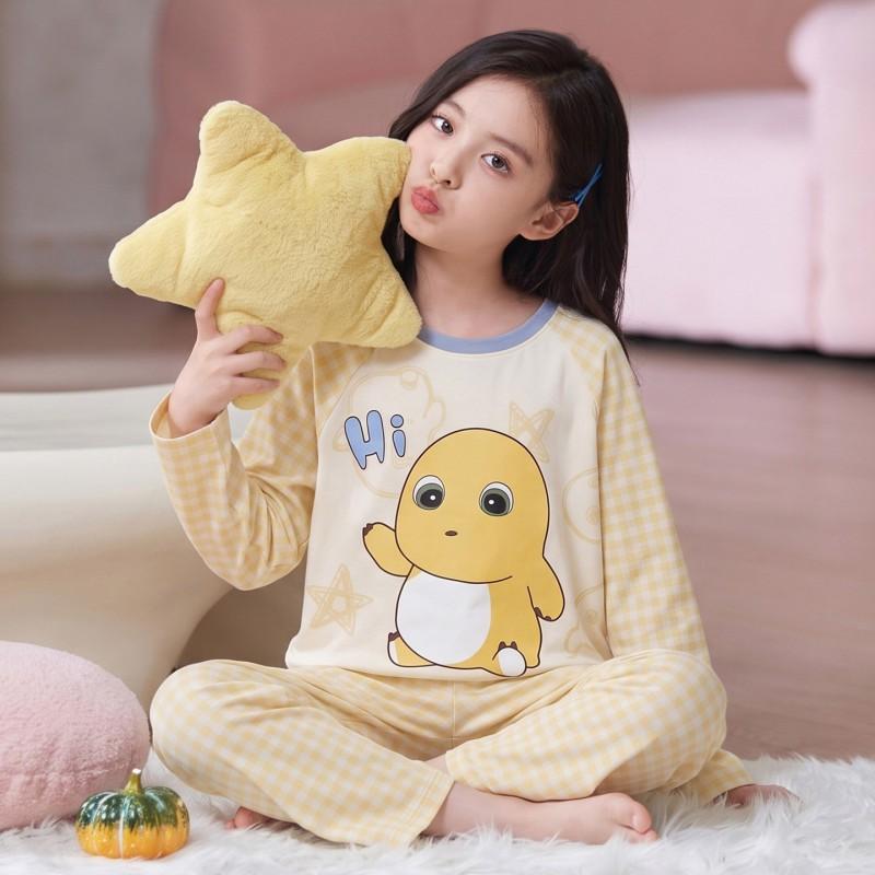 100% Cotton Girls Pajama Set Long Sleeve Round Neck Thin Home Wear Kids 8 Years