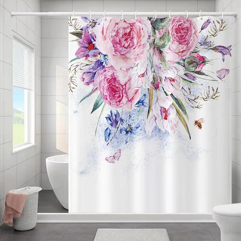 1PC Botanical Flower and Leaf Watercolor Pattern Waterproofing Bathroom Decoration Shower Curtain with Hooks Minimalist Design