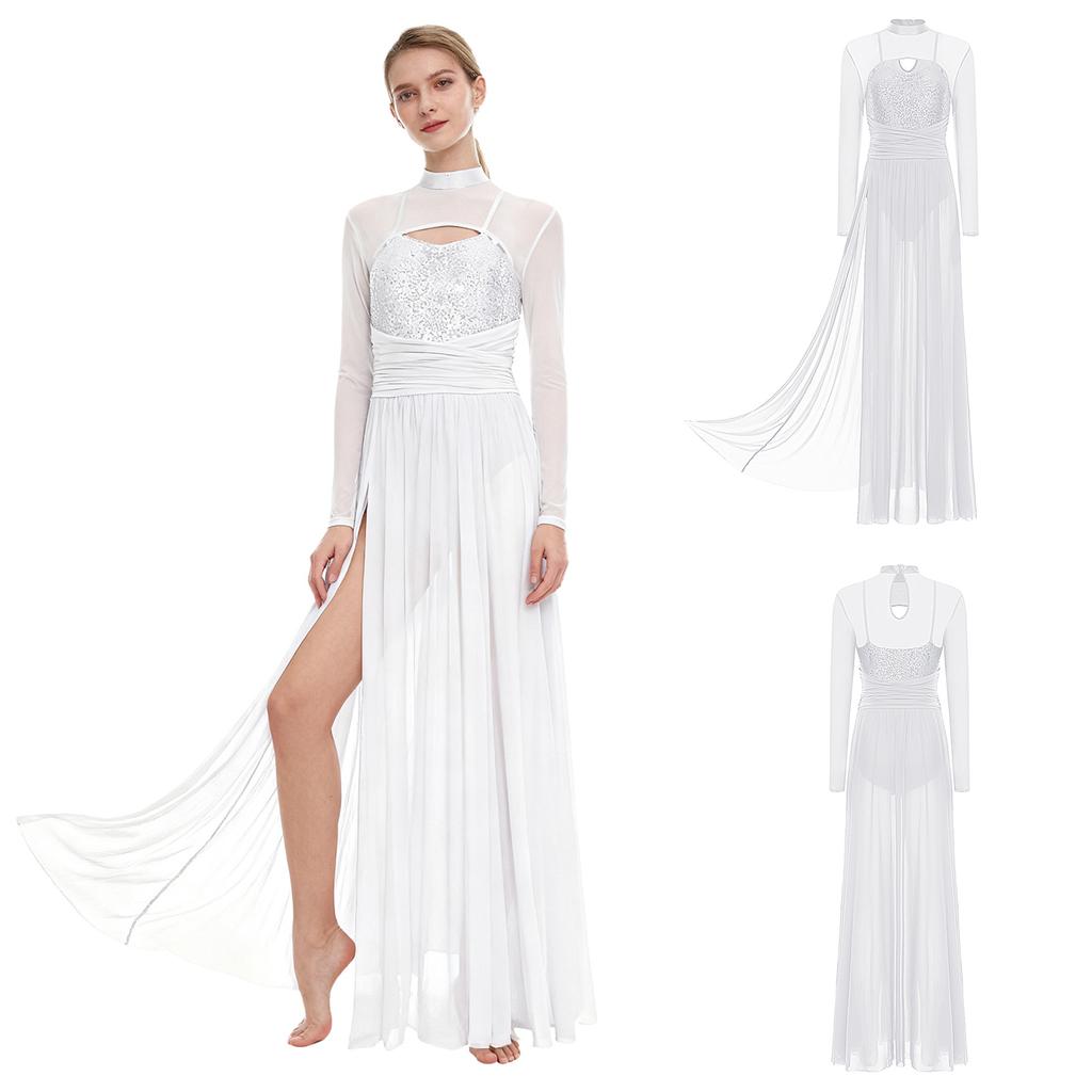 Women Lyrical Dance Costumes Sequin Long Sleeve Mesh Tulle Flowy Maxi Long Dress Built In Briefs Modern Dancewear
