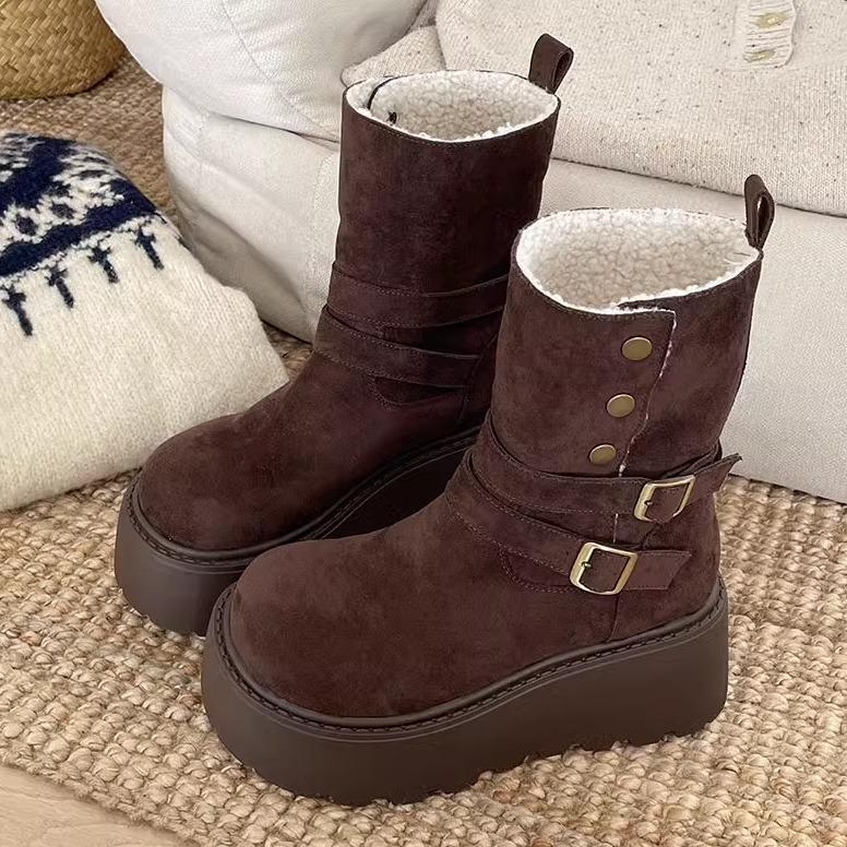 Winter Platform Thick Bottom Women Fur Snow Boots Outdoor Comfort Keep Warm Shoes Ladies Belt Buckle Short Botas Para Mujer