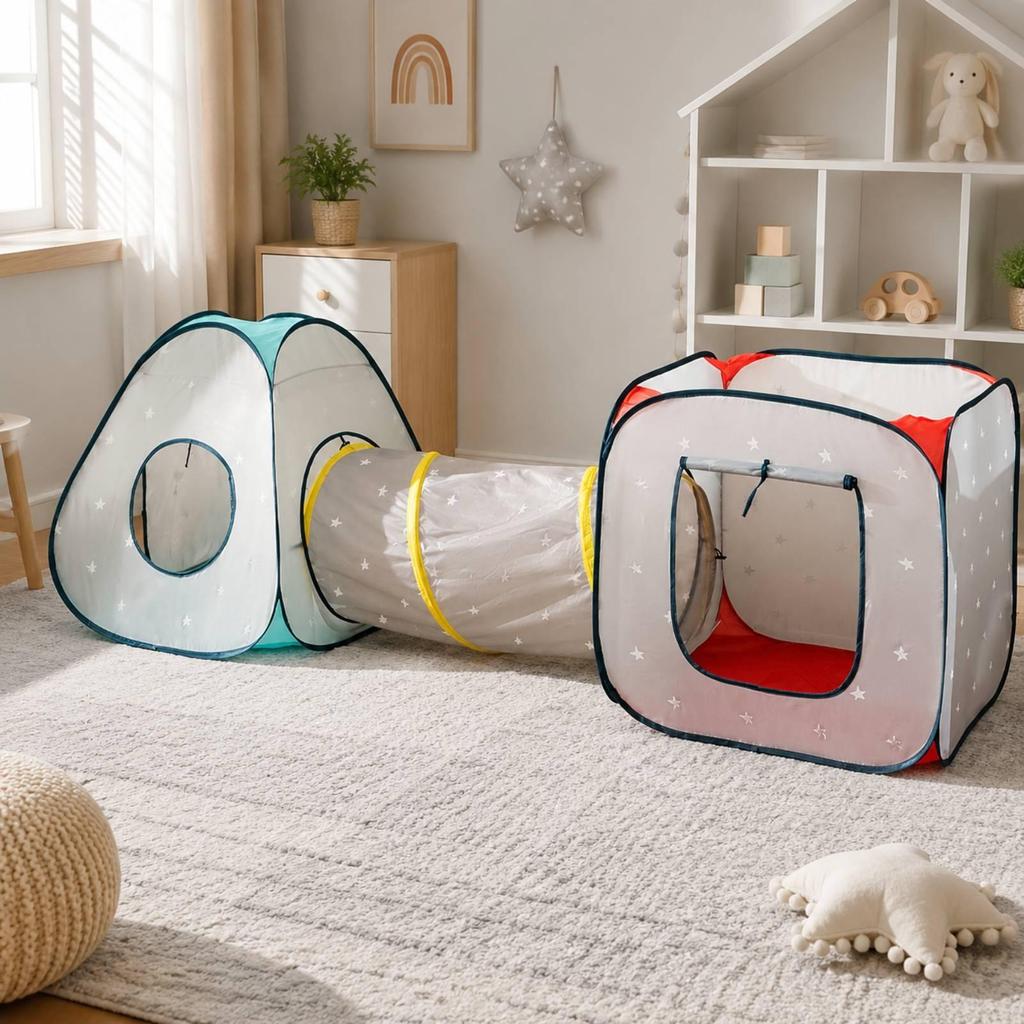 3 Pieces TwoSection Play Tent with Indoor Cloth Tunnel Young Child Playhouse for