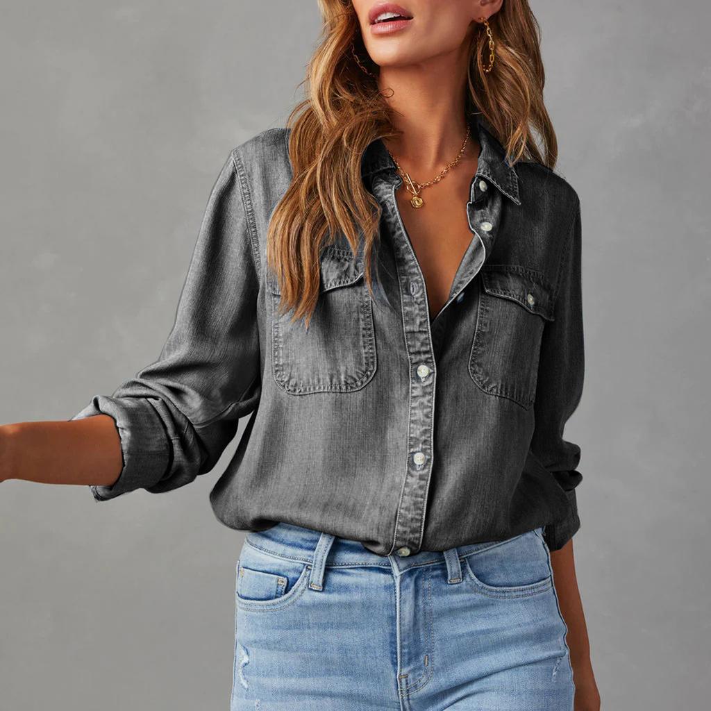 Women's Casual Long-Sleeved Denim Shirt With Pocket
