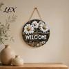 Hanging Sign with Hemp Rope Wooden Daisy Welcome for Front Door, Rustic Farmhouse Wall Decor Handmade House Rope, Wood Plaque Home Entrance