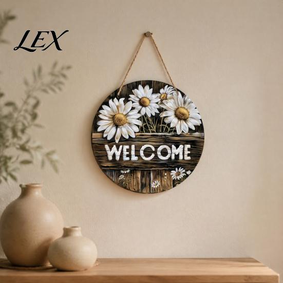 Hanging Sign with Hemp Rope Wooden Daisy Welcome for Front Door, Rustic Farmhouse Wall Decor Handmade House Rope, Wood Plaque Home Entrance