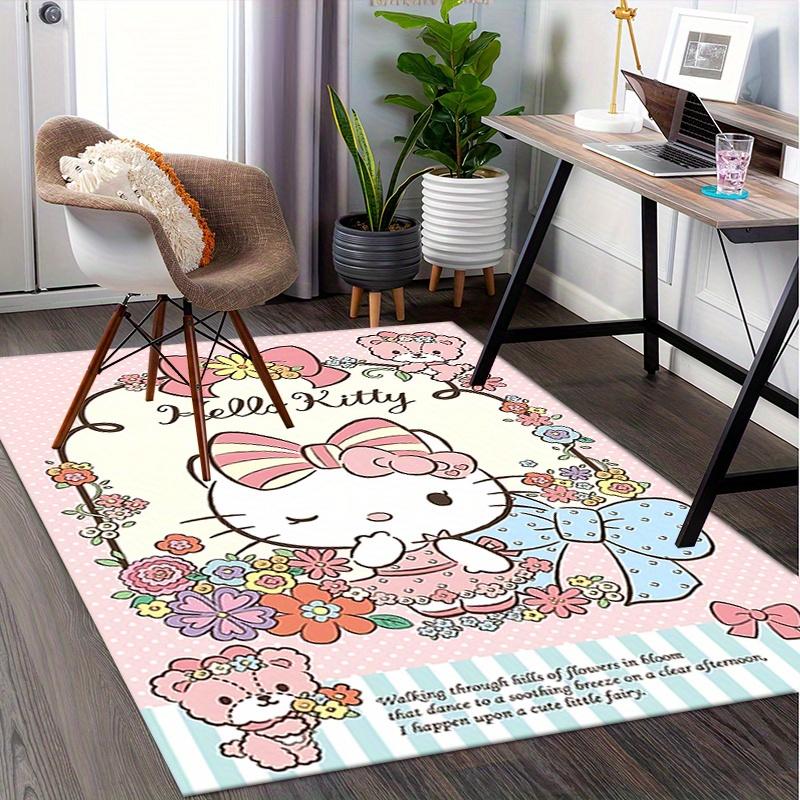 Office Rug Hello Kitty, Flowers Anti-Slip Rug, Machine Washable for Living Room, Bedroom, Office, Multiple Sizes, Bedroom Mat, Decorative Mat, Durable