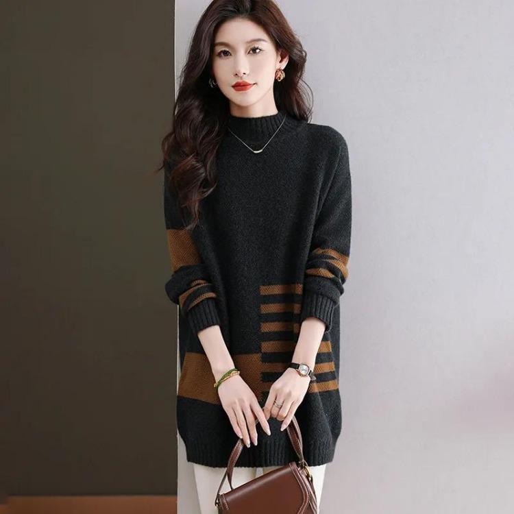 

Autumn Winter Sweater for Women Warm Knitted Pullover Thickened Oversize Jumper Stretchy Long Sleeve Tops M серый