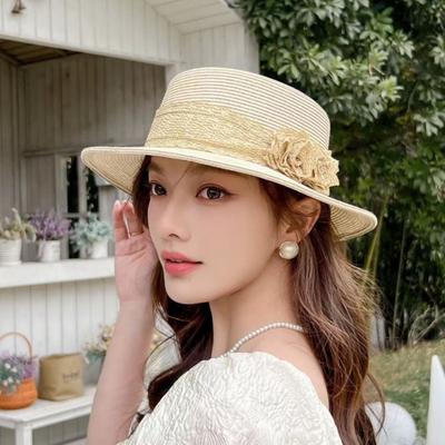 French Hepburn Elegant Flower Shade Flat Top Top Hat Female Summer Seaside Travel Beach Sun Hat Sun Protection Straw Hat