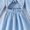 Girl Clothing 2026 Spring Autumn New Fairy Long Sleeve Chic Bow Mid-Length Blue Dress