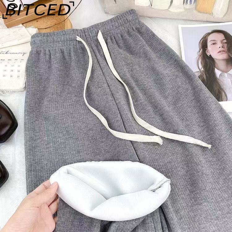 

BITCED Knitted Wide-Leg Trousers for Women Autumn/Winter Fleece-Lined Thickened High-Waisted Draping Loose-Fit Flattering Straight-Leg Casual Trousers One size сірий колір