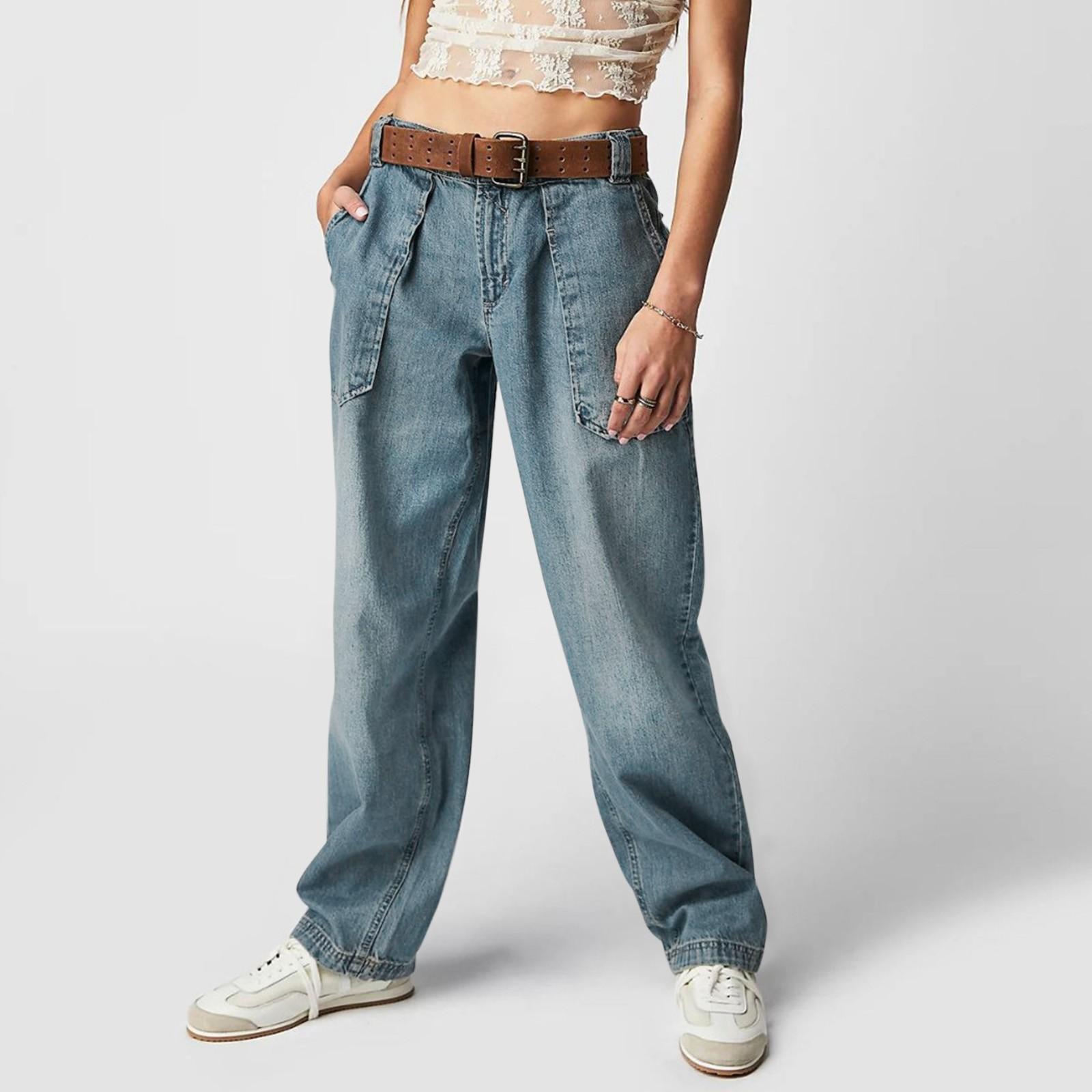 

Женские модные однотонные джинсы с карманами и эластичной резинкой на талии XL светло-синий