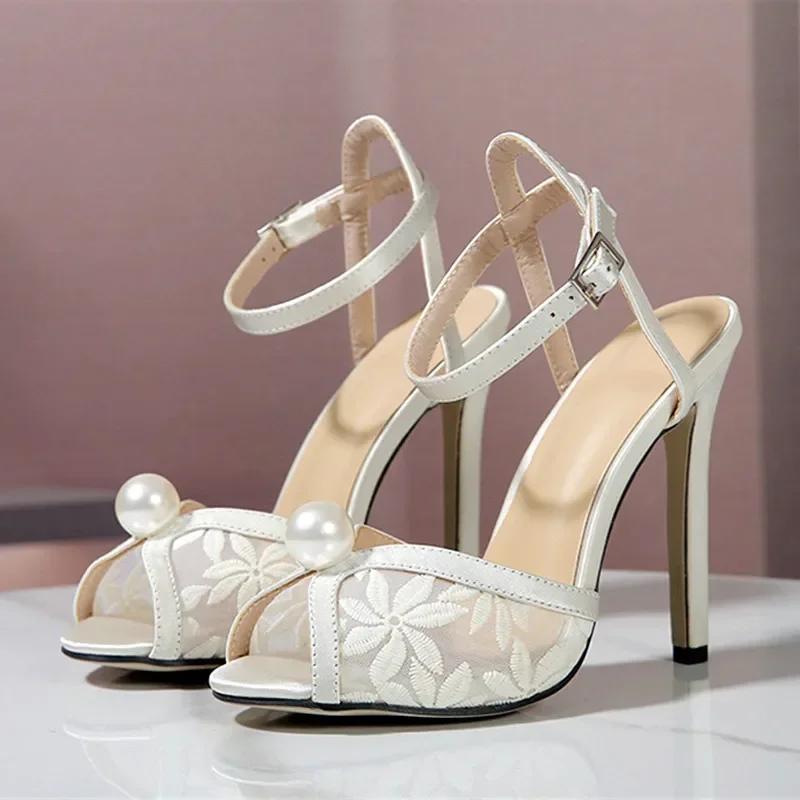 Luxury String Bead Open Toe Sexy Lace Sandals Women Ankle Buckle Strap Stiletto Heels Party Prom Shoe Summer Pumps Zapatos Mujer