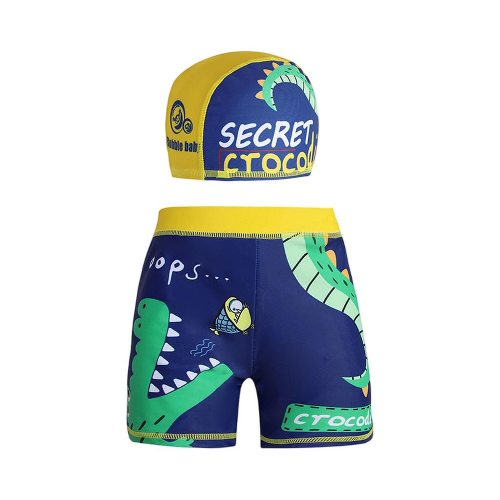 Kids Waterproof Swim Trunks with High Elasticity Four Corner Design and Matching Swim Cap Suitable for Summer Swimming Activities
