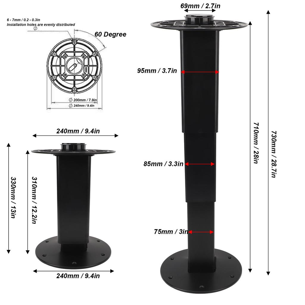 Table Pedestal Stand Base 310mm to 710mm Adjustable Aluminum Alloy Table Pedestal Stand for RV Camper Caravan Boat Yacht