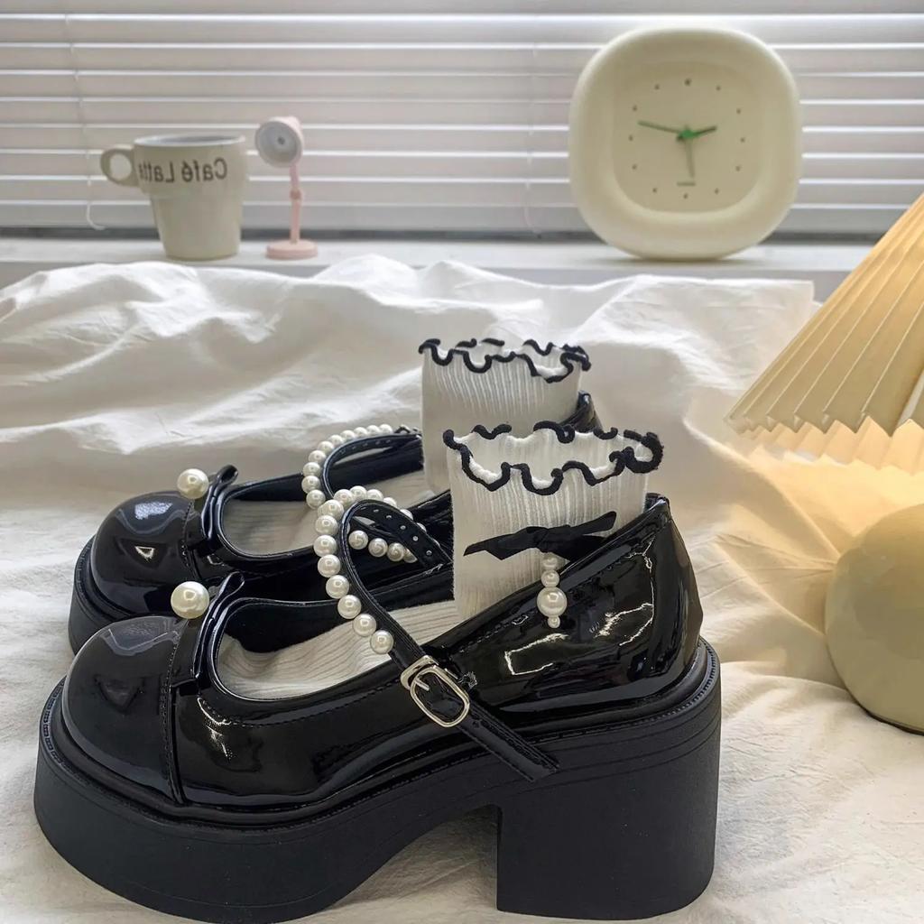 Fashion Cute Gothic Pearl High Heels Women's Shoes Japanese Style Lolita Mary Jane Round Toe Ladies Pumps Kawaii on Heeled Wholesale Y2k