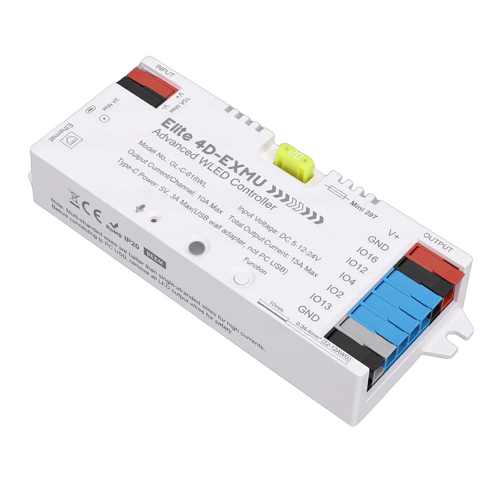 WLED LED Strip Light Controller 4 Output with Ethernet Microphone UART Energy Saving Relay 20A Pluggable Fuse Dynamic