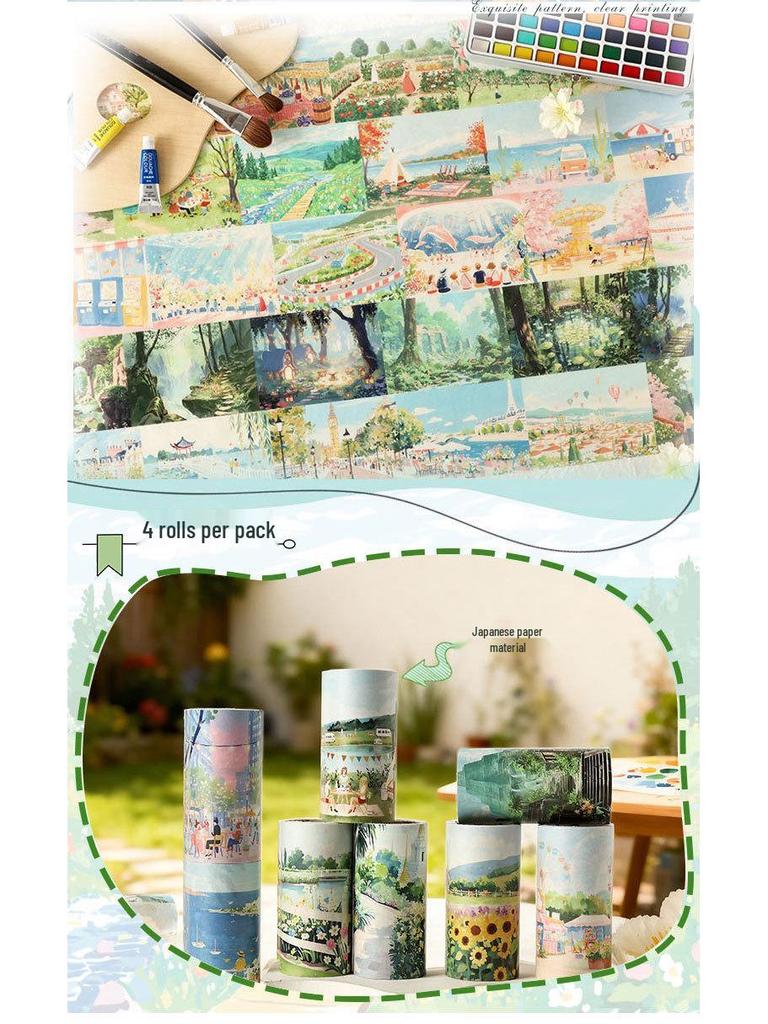 ZABC Landscape Series Adhesive Tape Set: DIY Journal Decoration, 2 Styles, 4 Rolls Included.