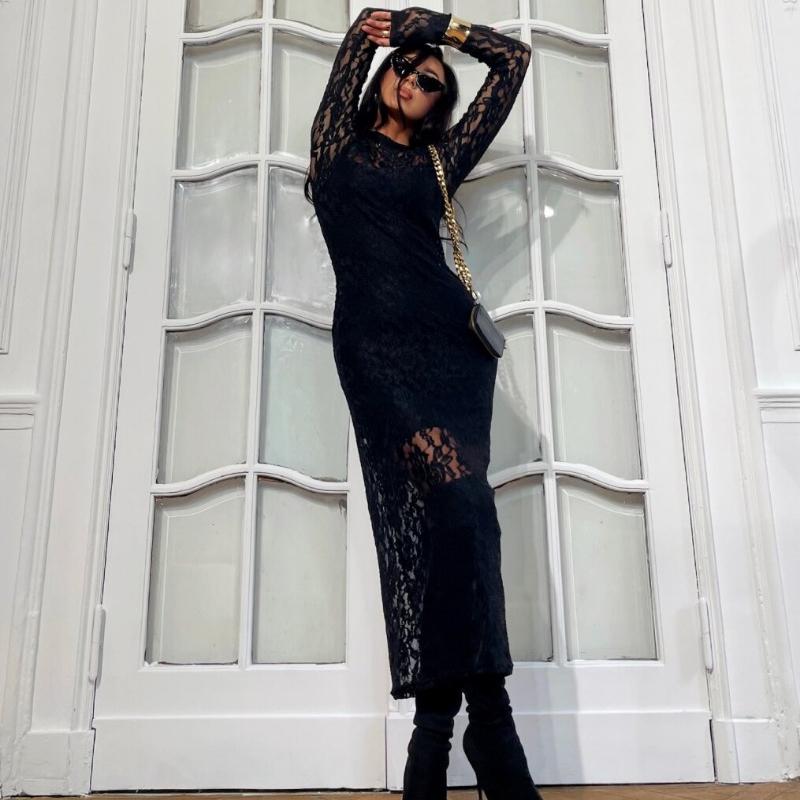Autumn New Black Sexy Club Lace Dress Women Fashion Slim Fit Elegant Loose Vintage Casual Dress Woman High Waist Round Neck Party Long Dresses 25244