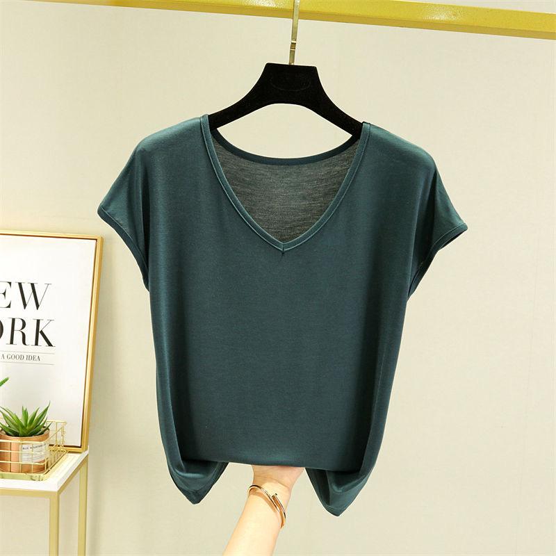 Women Summer Solid V Neck Basic T Shirt Modal Loose Tee Tops Casual Undershirt