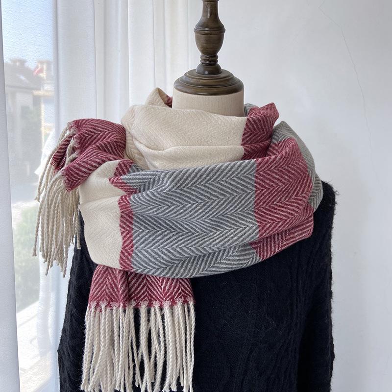 

Шарф для женщин на зиму, новый полосатый шарф с цветными блоками для студентов, теплая и толстая полосатая шаль с бахромой в елочку 65*180cm