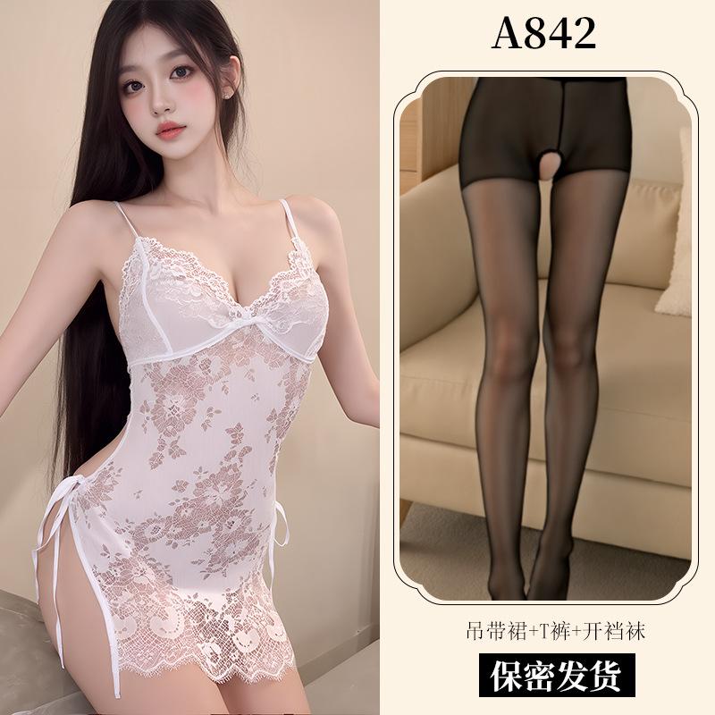 New Sexy Underwear Women's Sexy Lace Suspender Skirt Lace-up Nightdress Uniform Temptation European and American Pajamas A