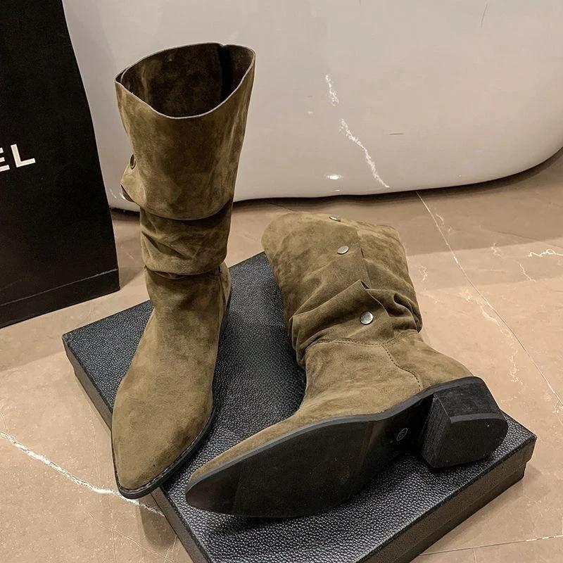 Pointed Toe Ladies Mid Calf Shoes Khaki Studded Middle Heel Women's Half High Boots New in Goth on Offer 2024 Waterproof Sale Pu