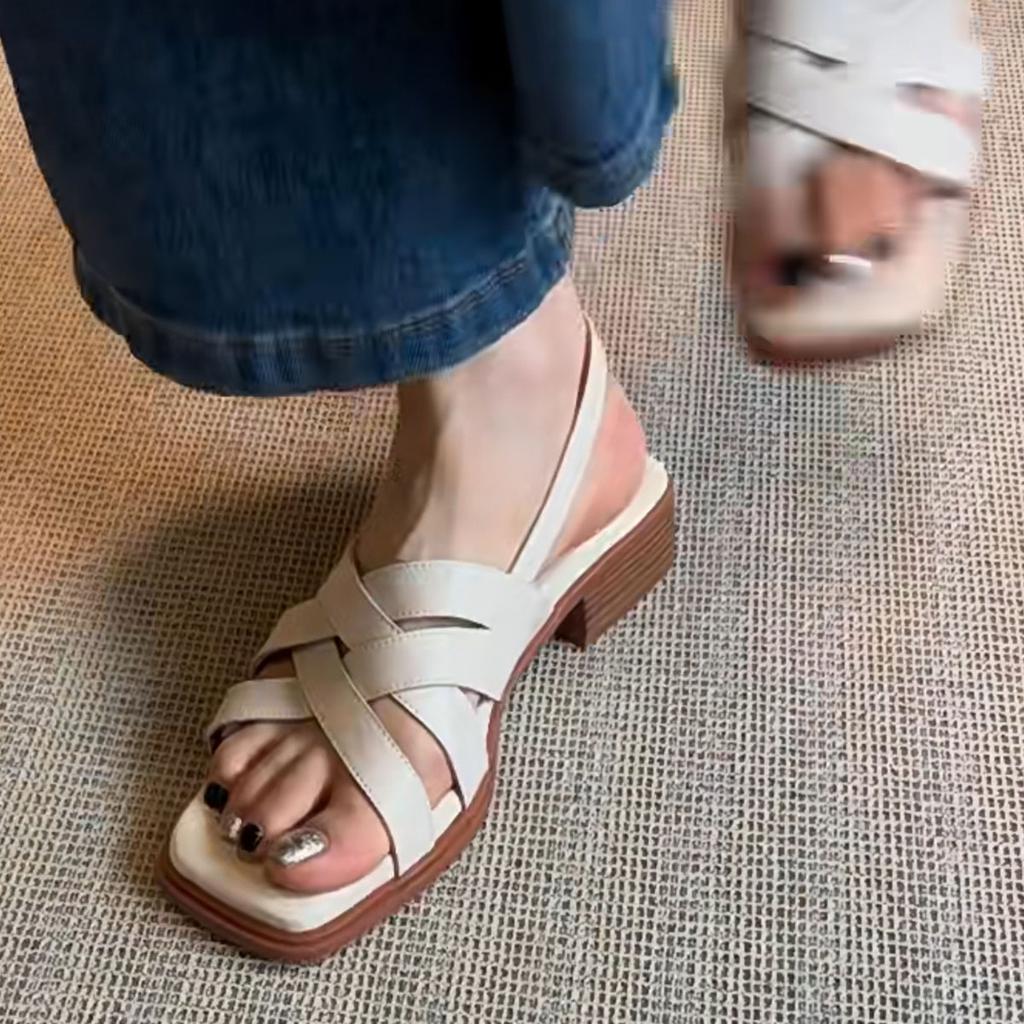 Sheepskin version~ Leather square head cross strap Roman shoes women's summer wear literary and retro woven thick heel sandals