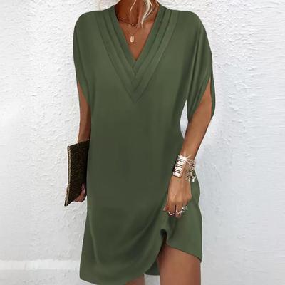 Women's Spring and Summer V-neck Pleated Batsleeved Dress