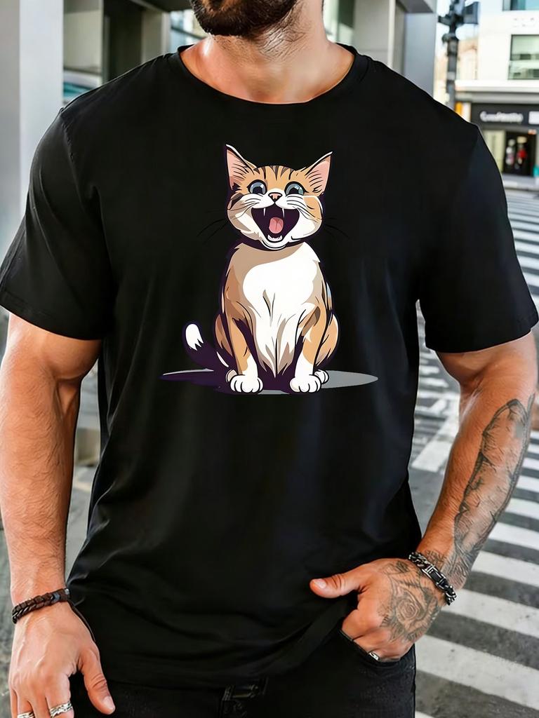 Loud Meowing Tabby Cat Cartoon Graphic Unisexs Crew Neck Short Sleeve Cotton T Shirt Cute Pet Animal Print Male Street Casual Top