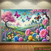 Fröhlicher Frühlingswiesen-Banner, Lebendige mehrfarbige Schmetterlinge und Blumen unter einem strahlend blauen Himmel, Verspielte Frühlings-Wandkunst