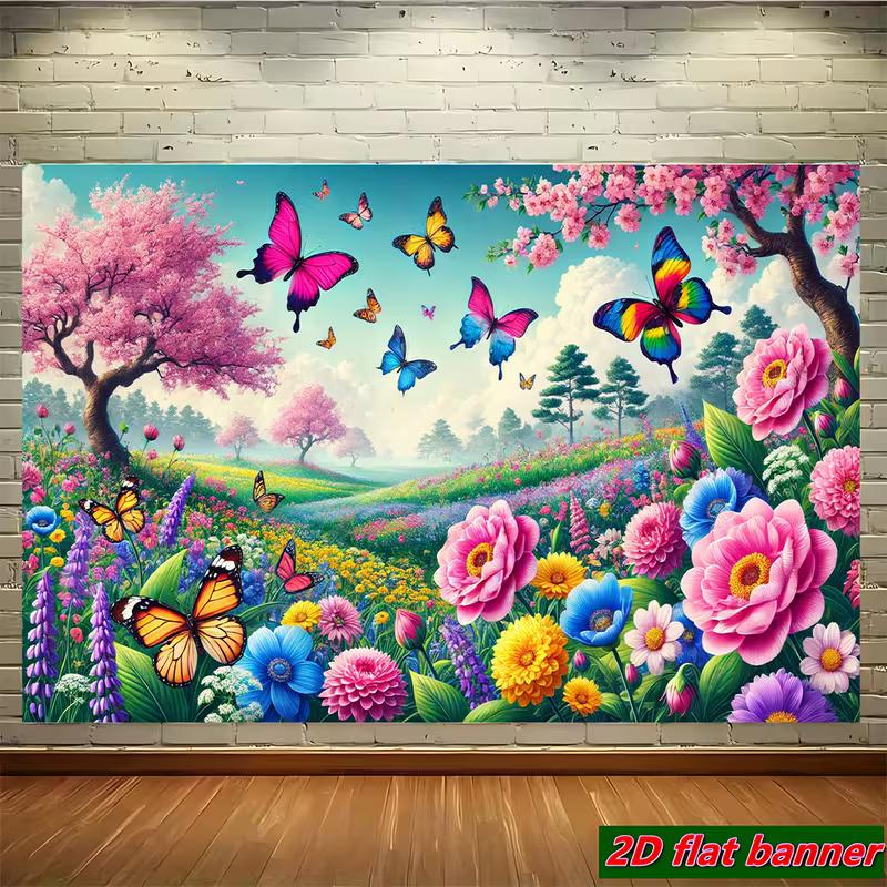 Fröhlicher Frühlingswiesen-Banner, Lebendige mehrfarbige Schmetterlinge und Blumen unter einem strahlend blauen Himmel, Verspielte Frühlings-Wandkunst