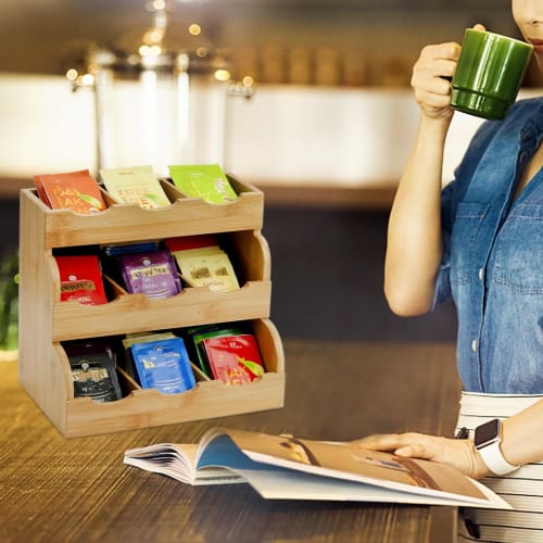 Lyellfe Tea Bag Organizer, Vertical Bamboo Tea Bag Holder, Tea Bag Tray Caddy, Holds 180 Tea Bags, 3 Tiers, Rustic Coffee Condiment Holder, Storage Ca