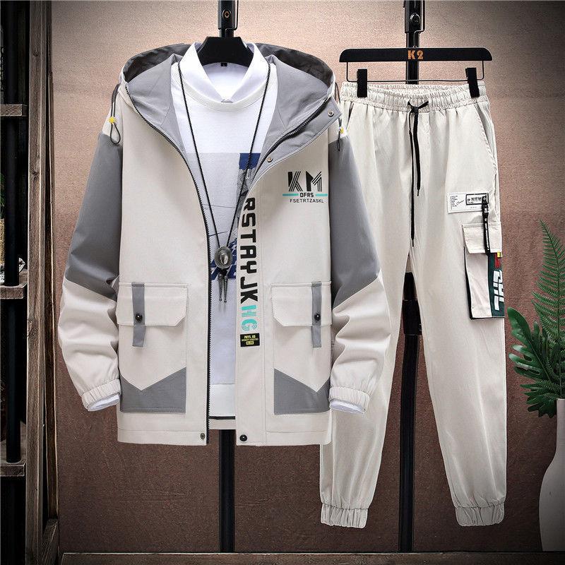Men's Plus Size Spring and Autumn Jacket Set, Casual Loose Jacket+Pants, Student Sports Two Piece Set