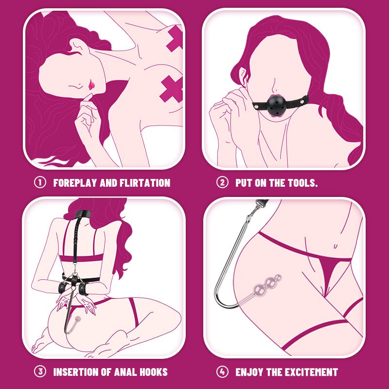 Leder & Metall Bondage-Ausrüstung für Frauen mit Analhaken, Fesselset für Paarspiel, SM Vorspiel- & Spanking-Spielzeug