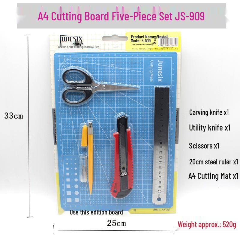 JS-909 Craft Knife & A4 Cutting Mat Set: Engraving Knife, Steel Ruler, Cutting Board - 5-Piece Kit Random Color Set