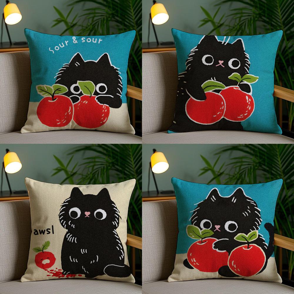 Hand Drawn Cartoon Happy Cat Pillow Case Cushion Cover Soft Washable Pillow Case Multi-Scene For Couch Bed Travel Office Use