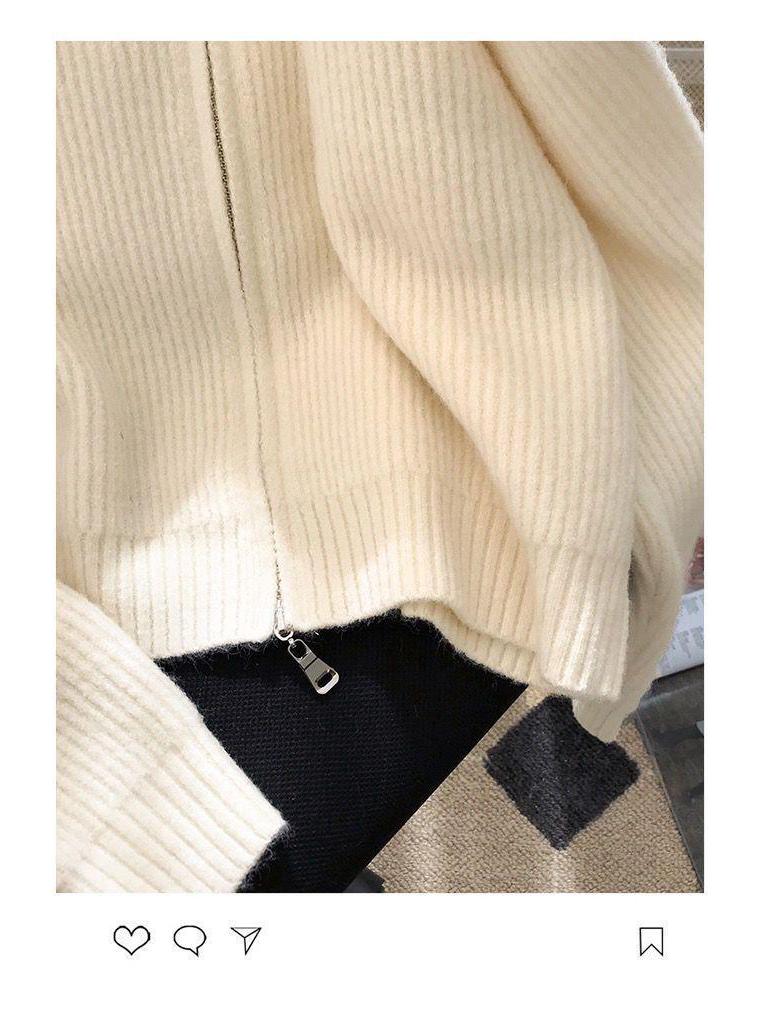 Dame Høst/Vinter Strikkejakke med Dobbel Glidelås - Høy Hals, Fortykket Genserkåpe