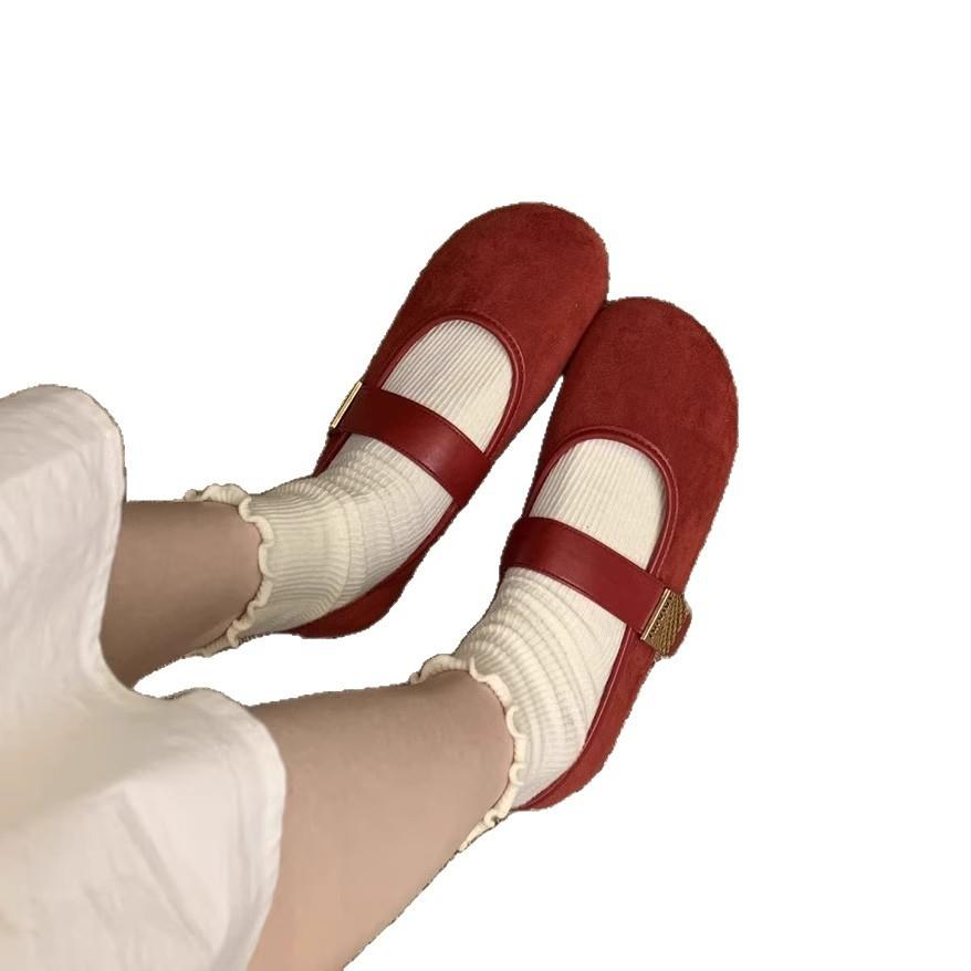 Suede red light mouth single shoes female spring and autumn new retro gentle fairy style casual soft flat Mary Jane shoes