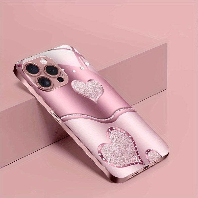Cute Love Heart Pattern Pink Metallic Paint Glass Hard Phone Case For iPhone 17 Air 17 16 15 14 13 12 11 Pro Max Plus 16E Cover